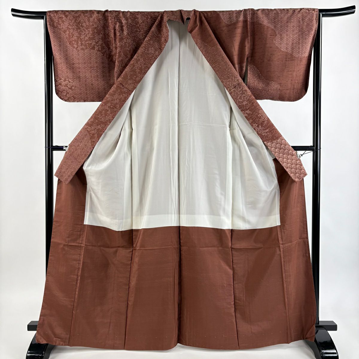 【美品】訪問服 身長166.5cm 袖長64.5cm M 雙層 紬織織 波 菊花青海波 茶 純蠶絲 秀品級