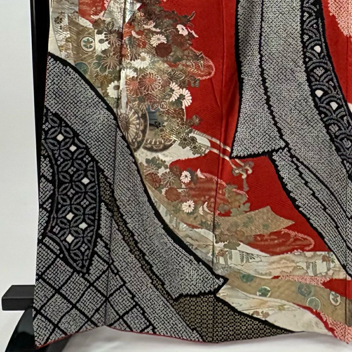 振袖禮服 身長165cm 袖長65cm M 雙層 花車 熨斗紋 金銀彩 絞染 紅 純蠶絲 秀品級