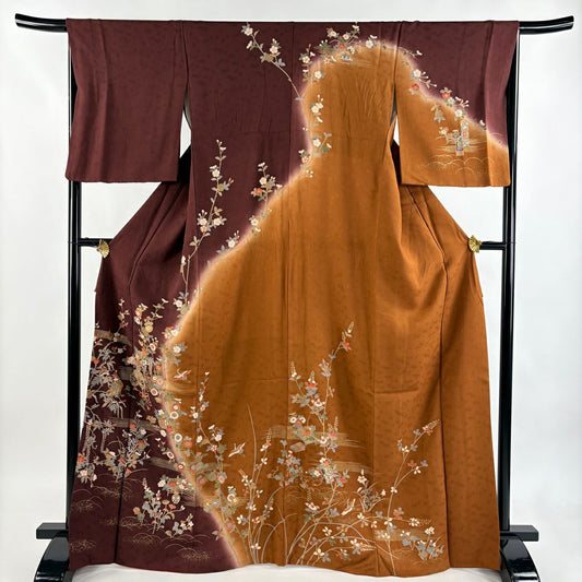 【美品】訪問服 身長168cm 袖長65cm M 雙層 花車 草花紋紋 金絲 金銀彩 茶紫 純蠶絲 秀品級
