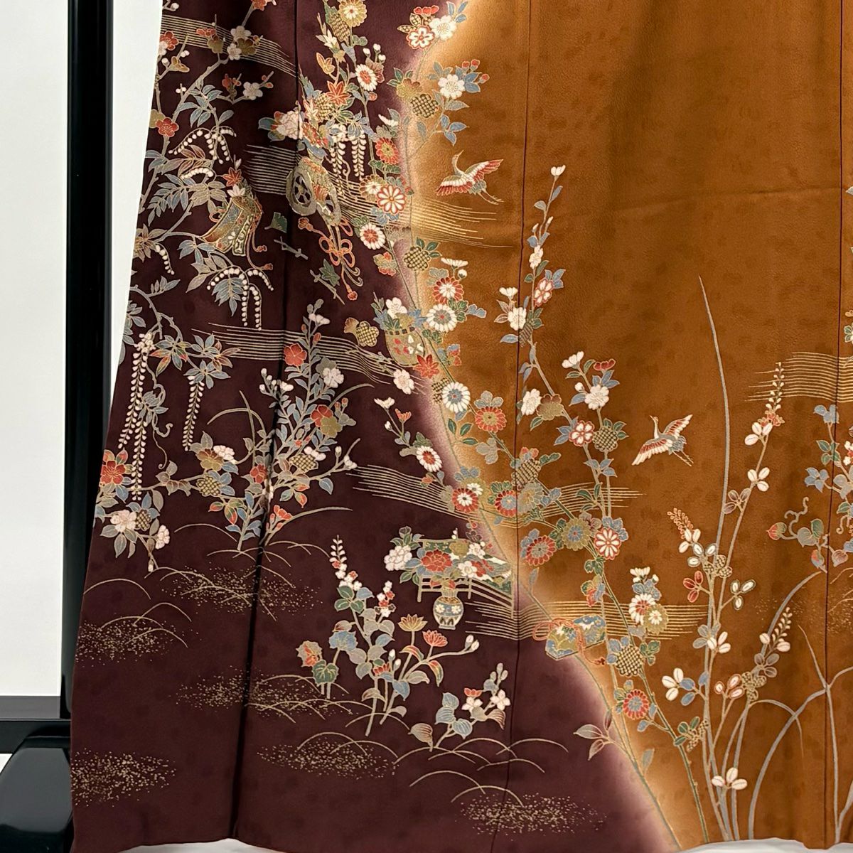 【美品】訪問服 身長168cm 袖長65cm M 雙層 花車 草花紋紋 金絲 金銀彩 茶紫 純蠶絲 秀品級