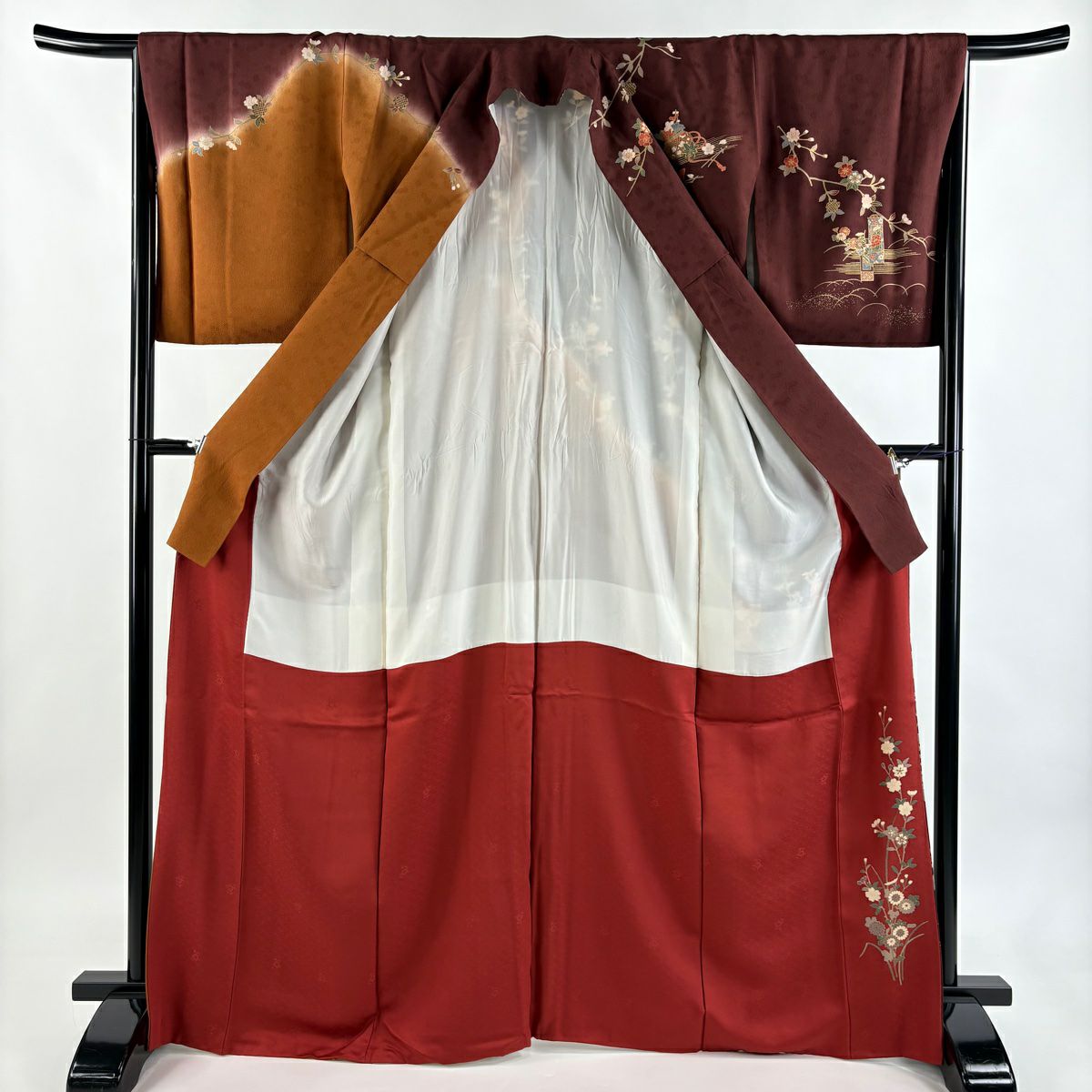 【美品】訪問服 身長168cm 袖長65cm M 雙層 花車 草花紋紋 金絲 金銀彩 茶紫 純蠶絲 秀品級