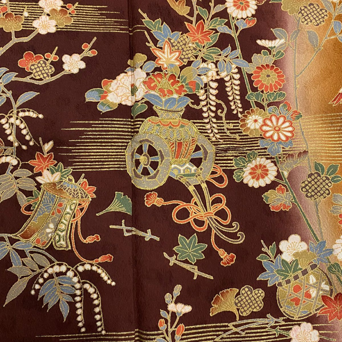 【美品】訪問服 身長168cm 袖長65cm M 雙層 花車 草花紋紋 金絲 金銀彩 茶紫 純蠶絲 秀品級