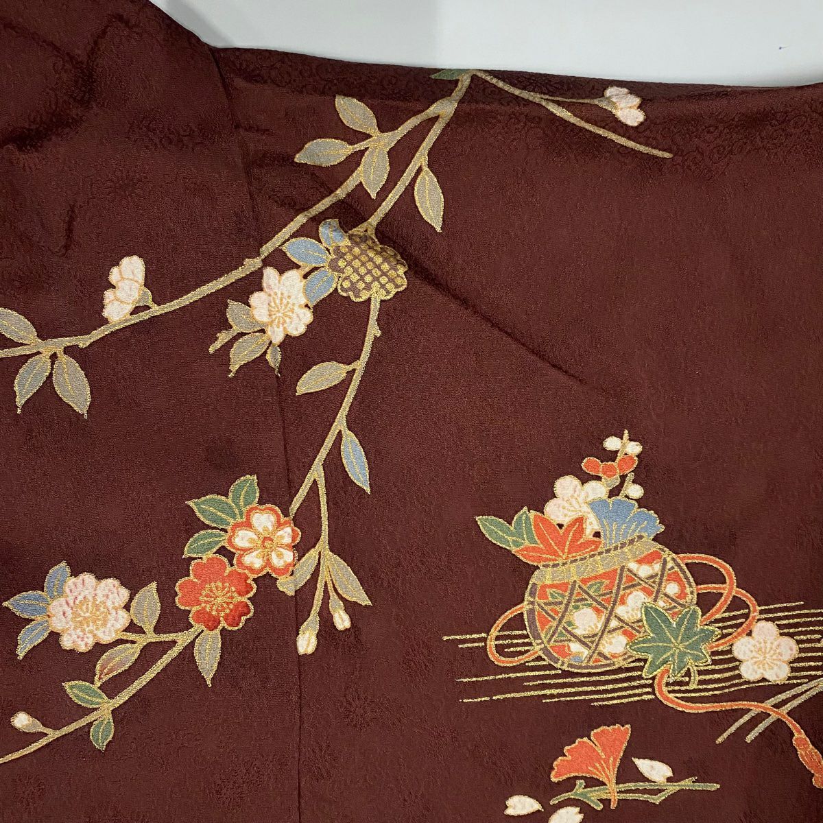 【美品】訪問服 身長168cm 袖長65cm M 雙層 花車 草花紋紋 金絲 金銀彩 茶紫 純蠶絲 秀品級