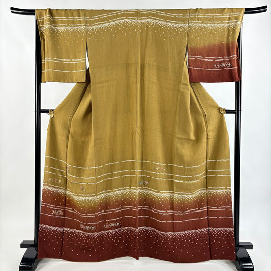 【美品】訪問服 身長165.5cm 袖長67.5cm L 雙層 花唐草紋 相良刺繡 絞染 山吹茶 純蠶絲 秀品級