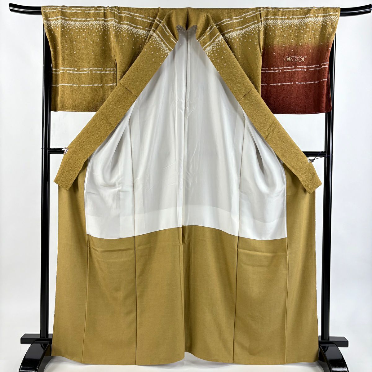 【美品】訪問服 身長165.5cm 袖長67.5cm L 雙層 花唐草紋 相良刺繡 絞染 山吹茶 純蠶絲 秀品級
