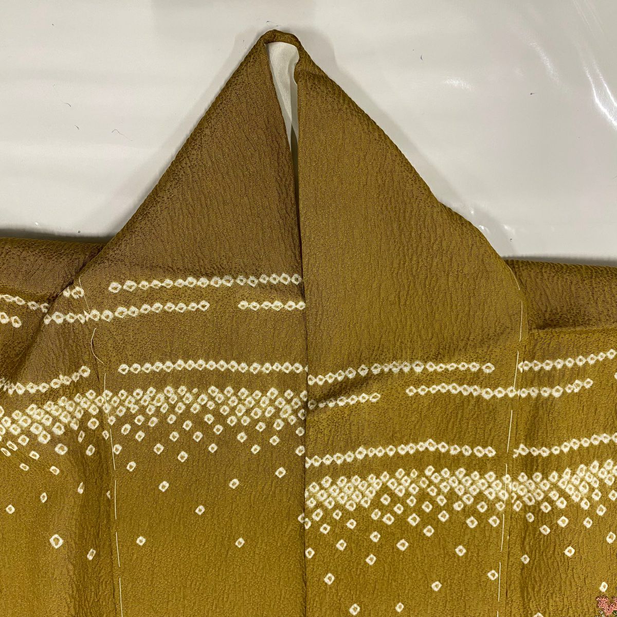 【美品】訪問服 身長165.5cm 袖長67.5cm L 雙層 花唐草紋 相良刺繡 絞染 山吹茶 純蠶絲 秀品級