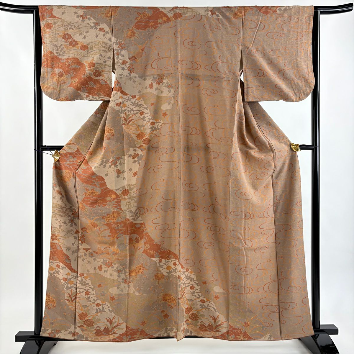 訪問服 身長158.5cm 袖長63cm S 雙層 草花紋紋 鴛鴦 金銀彩 茶 純蠶絲 秀品級