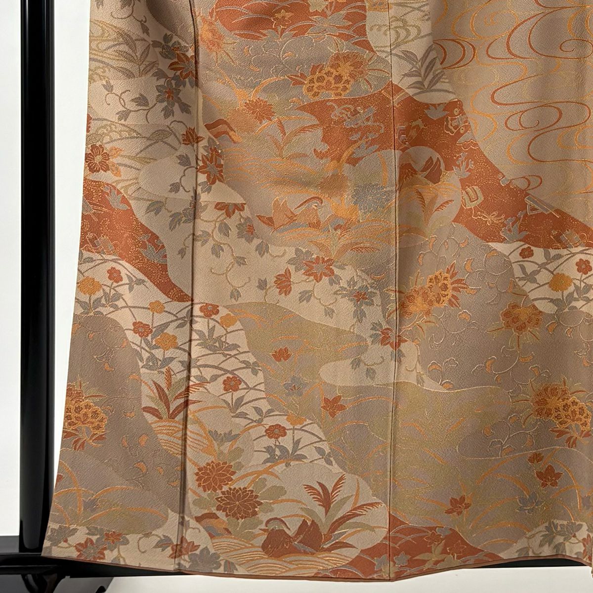訪問服 身長158.5cm 袖長63cm S 雙層 草花紋紋 鴛鴦 金銀彩 茶 純蠶絲 秀品級
