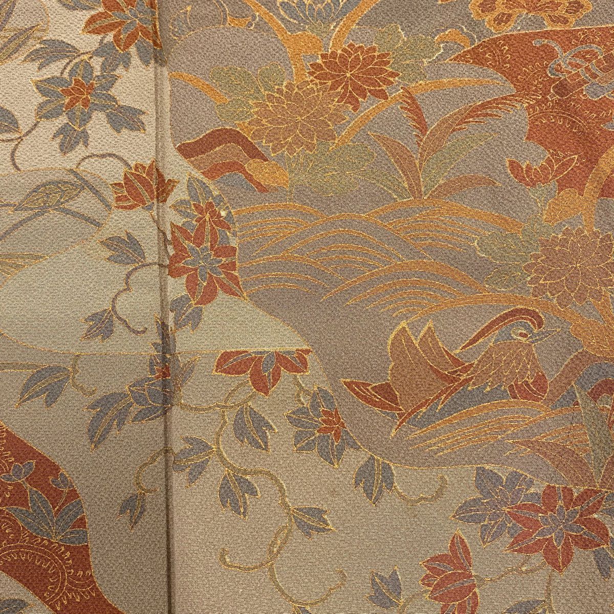 訪問服 身長158.5cm 袖長63cm S 雙層 草花紋紋 鴛鴦 金銀彩 茶 純蠶絲 秀品級