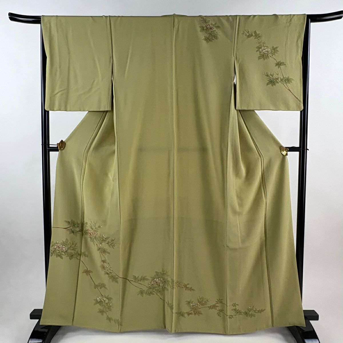 【美品】訪問服 身長162.5cm 袖長65.5cm M 雙層 枝花 抹茶 純蠶絲 秀品級