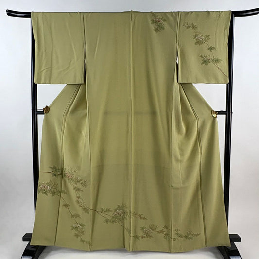【美品】訪問服 身長162.5cm 袖長65.5cm M 雙層 枝花 抹茶 純蠶絲 秀品級