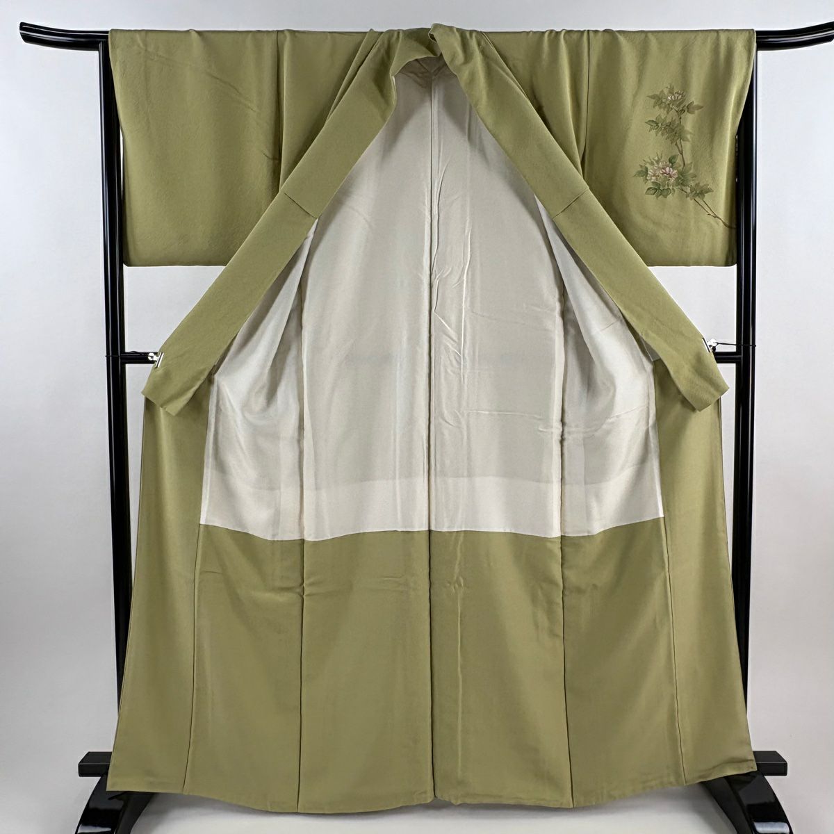 【美品】訪問服 身長162.5cm 袖長65.5cm M 雙層 枝花 抹茶 純蠶絲 秀品級