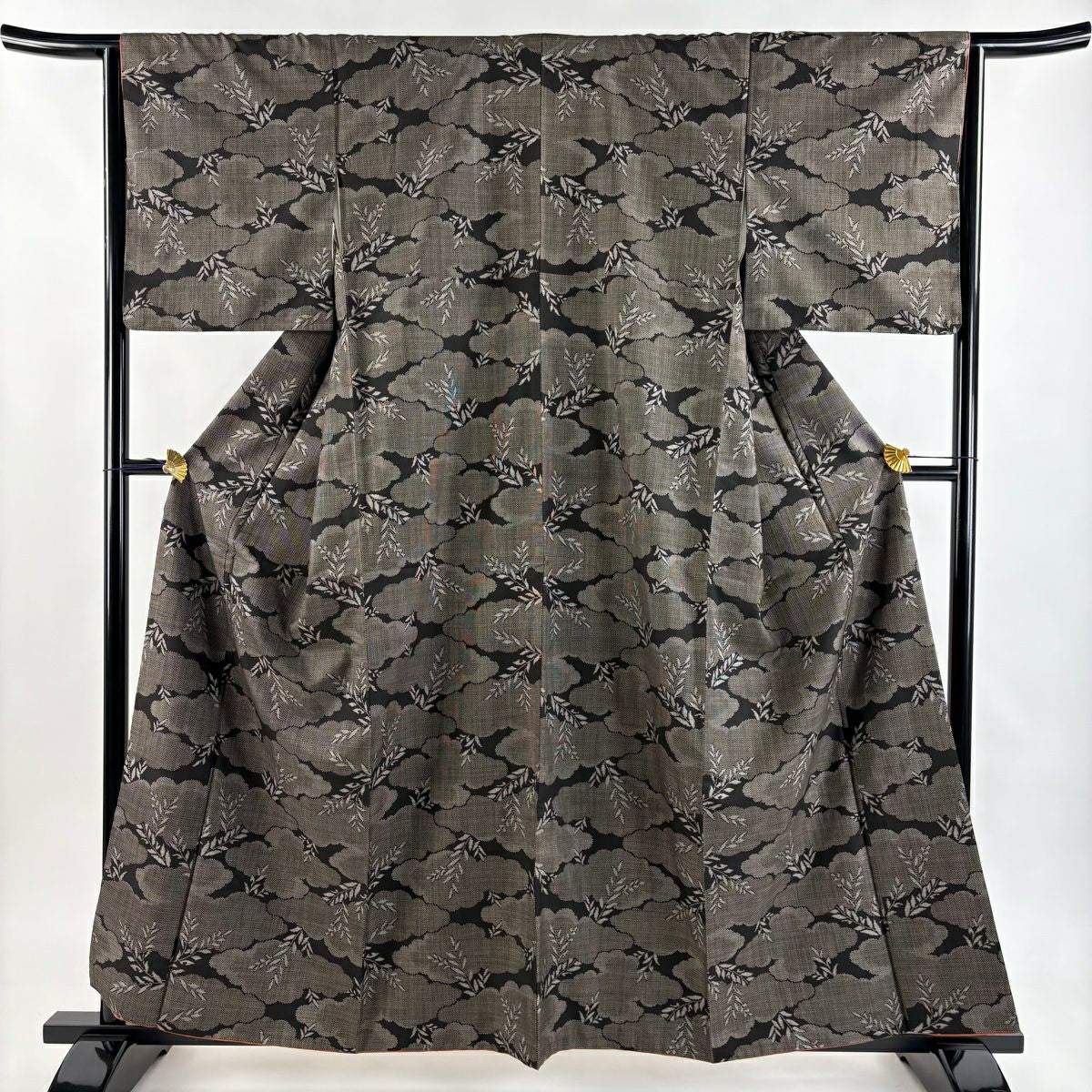 紬織 身長158.5cm 袖長64.5cm M 雙層 雲文 葉柄 焦茶 純蠶絲 秀品級