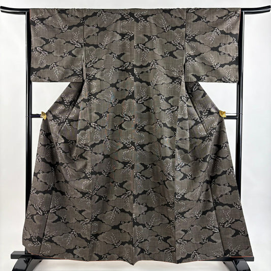 紬織 身長158.5cm 袖長64.5cm M 雙層 雲文 葉柄 焦茶 純蠶絲 秀品級