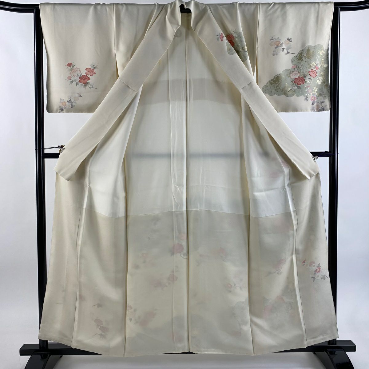 訪問服 身長159cm 袖長64cm M 雙層 牡丹 草花紋紋 金彩裝飾 奶油色 純蠶絲 優品級