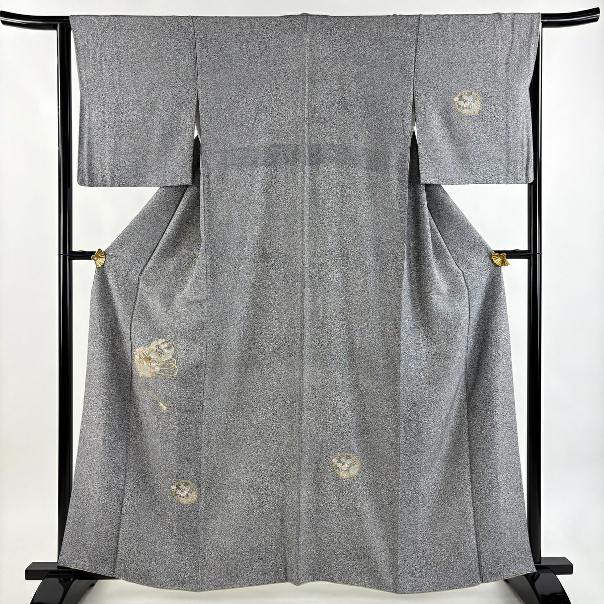 付下 身長162cm 袖長64cm M 雙層 御所車 金糸 刺繡 灰 純蠶絲 秀品級 一つ紋