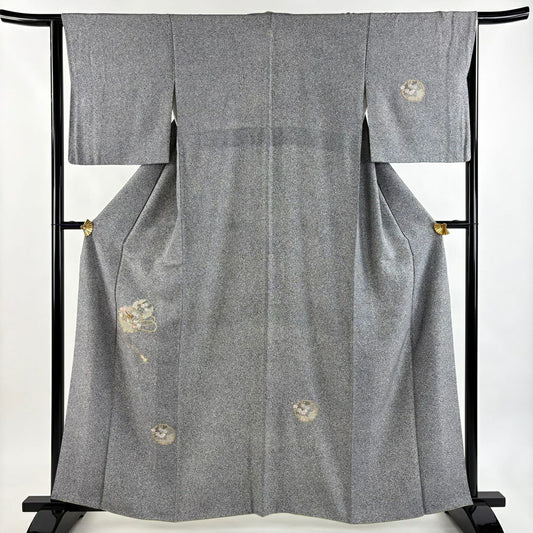 付下 身長162cm 袖長64cm M 雙層 御所車 金糸 刺繡 灰 純蠶絲 秀品級 一つ紋