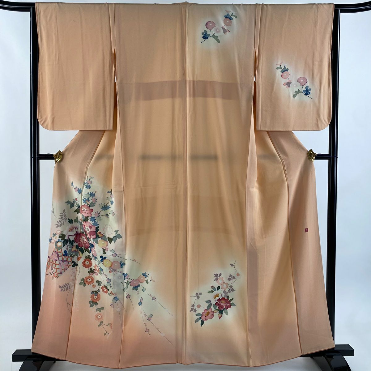 訪問服 身長161cm 袖長64cm M 雙層 落款 草花紋 花束 漸層 淺橙色 純蠶絲 優品級