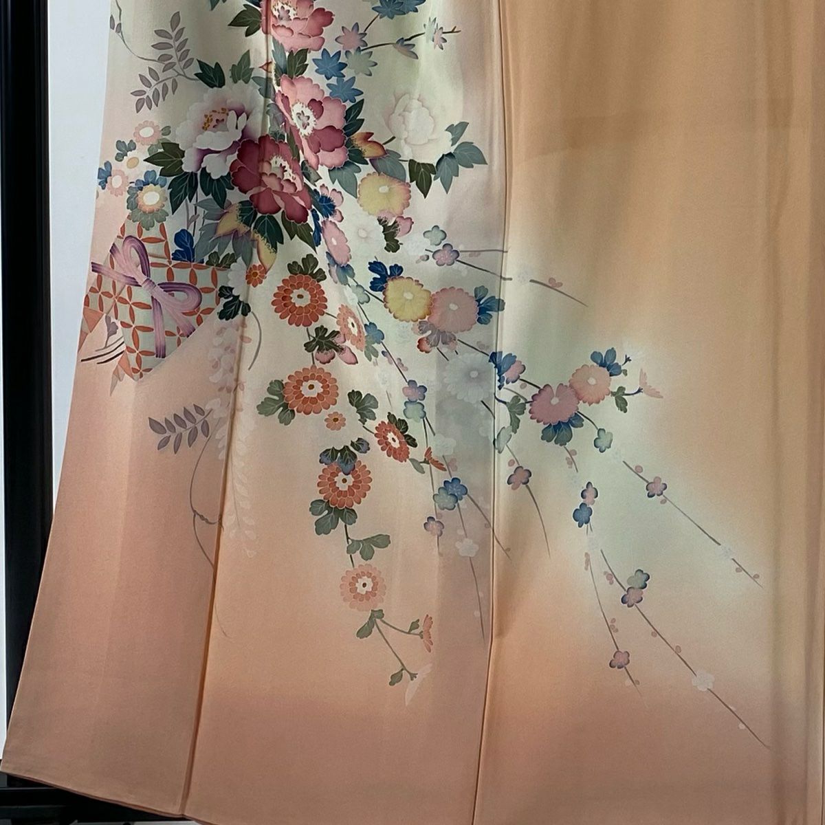 訪問服 身長161cm 袖長64cm M 雙層 落款 草花紋 花束 漸層 淺橙色 純蠶絲 優品級