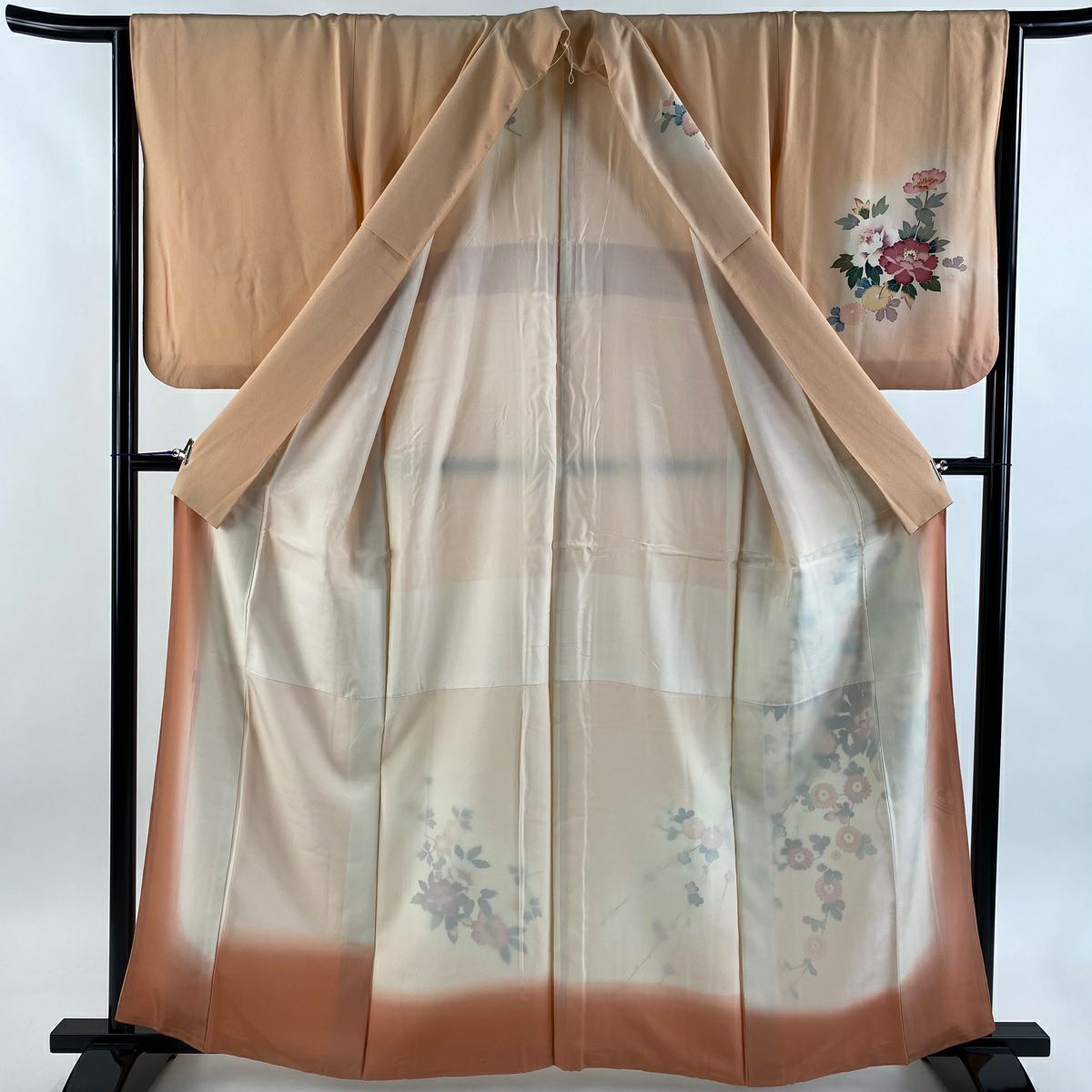 訪問服 身長161cm 袖長64cm M 雙層 落款 草花紋 花束 漸層 淺橙色 純蠶絲 優品級