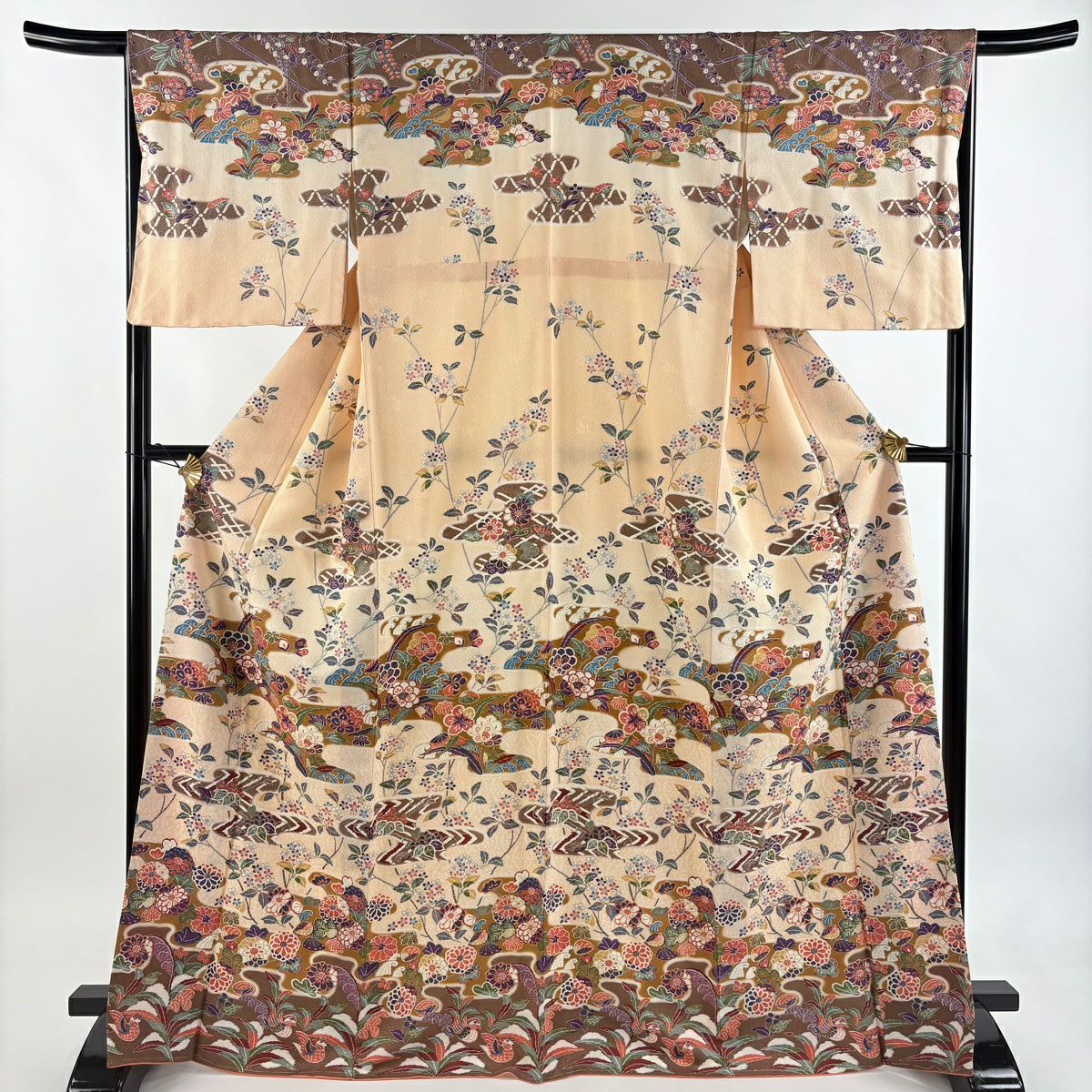 【美品】訪問服 身長169cm 袖長66cm M 雙層 巴士領 草花紋紋 鴛鴦 金銀彩 淺橙色 純蠶絲 優品級