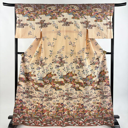 【美品】訪問服 身長169cm 袖長66cm M 雙層 巴士領 草花紋紋 鴛鴦 金銀彩 淺橙色 純蠶絲 優品級