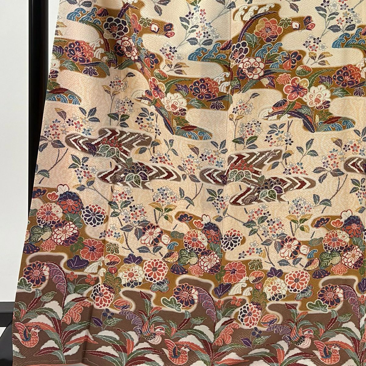 【美品】訪問服 身長169cm 袖長66cm M 雙層 巴士領 草花紋紋 鴛鴦 金銀彩 淺橙色 純蠶絲 優品級