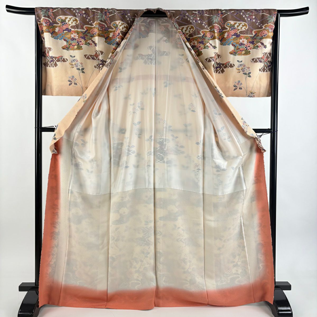 【美品】訪問服 身長169cm 袖長66cm M 雙層 巴士領 草花紋紋 鴛鴦 金銀彩 淺橙色 純蠶絲 優品級