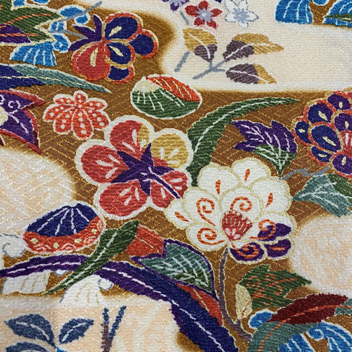 【美品】訪問服 身長169cm 袖長66cm M 雙層 巴士領 草花紋紋 鴛鴦 金銀彩 淺橙色 純蠶絲 優品級