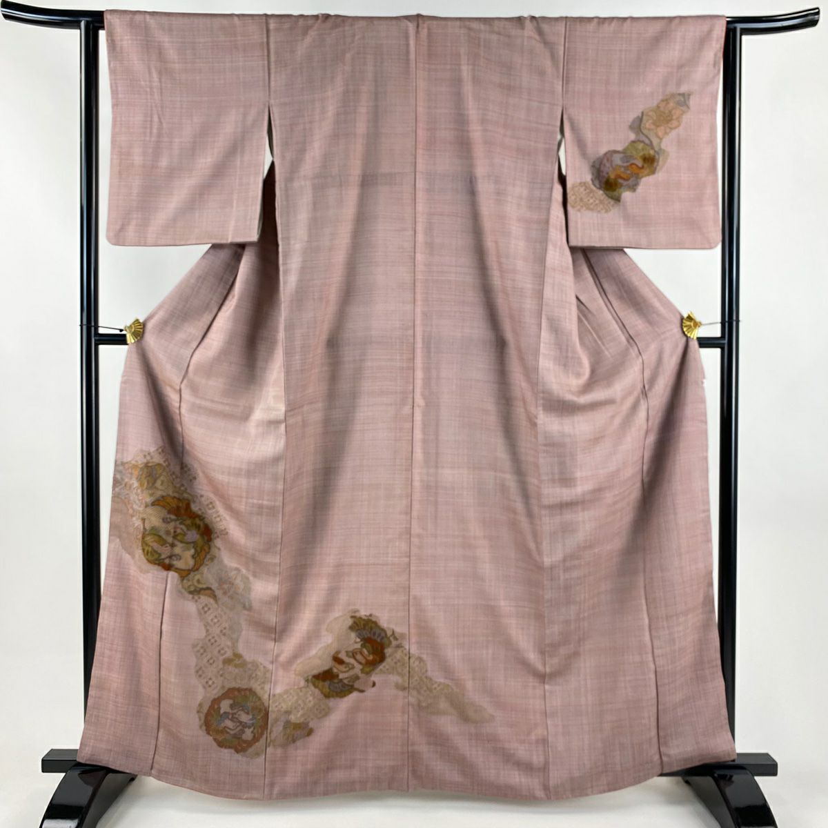 付下 身長163.5cm 袖長62cm S 雙層 紬織織 鳥 草花紋刺繡 小豆 純蠶絲 秀品級