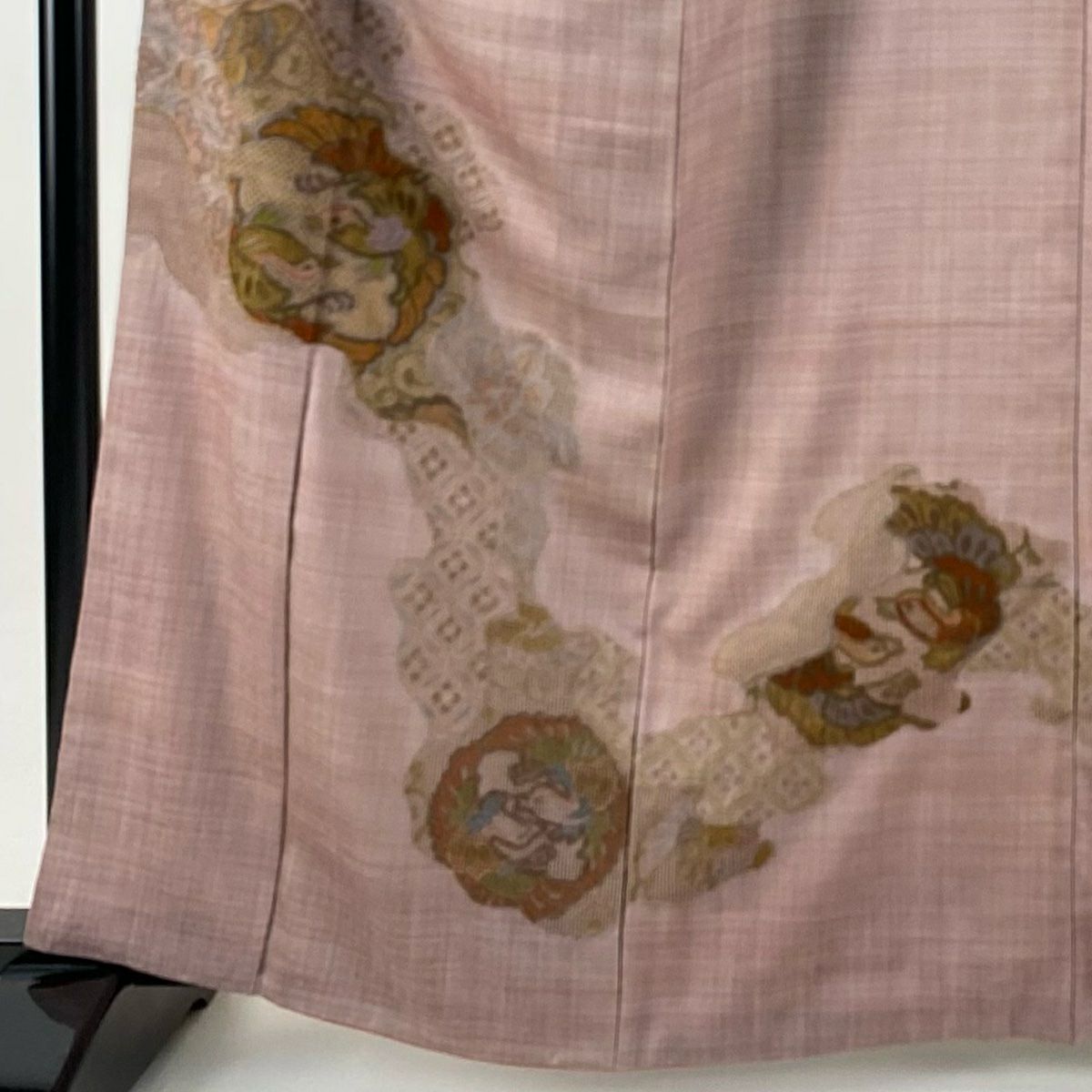 付下 身長163.5cm 袖長62cm S 雙層 紬織織 鳥 草花紋刺繡 小豆 純蠶絲 秀品級