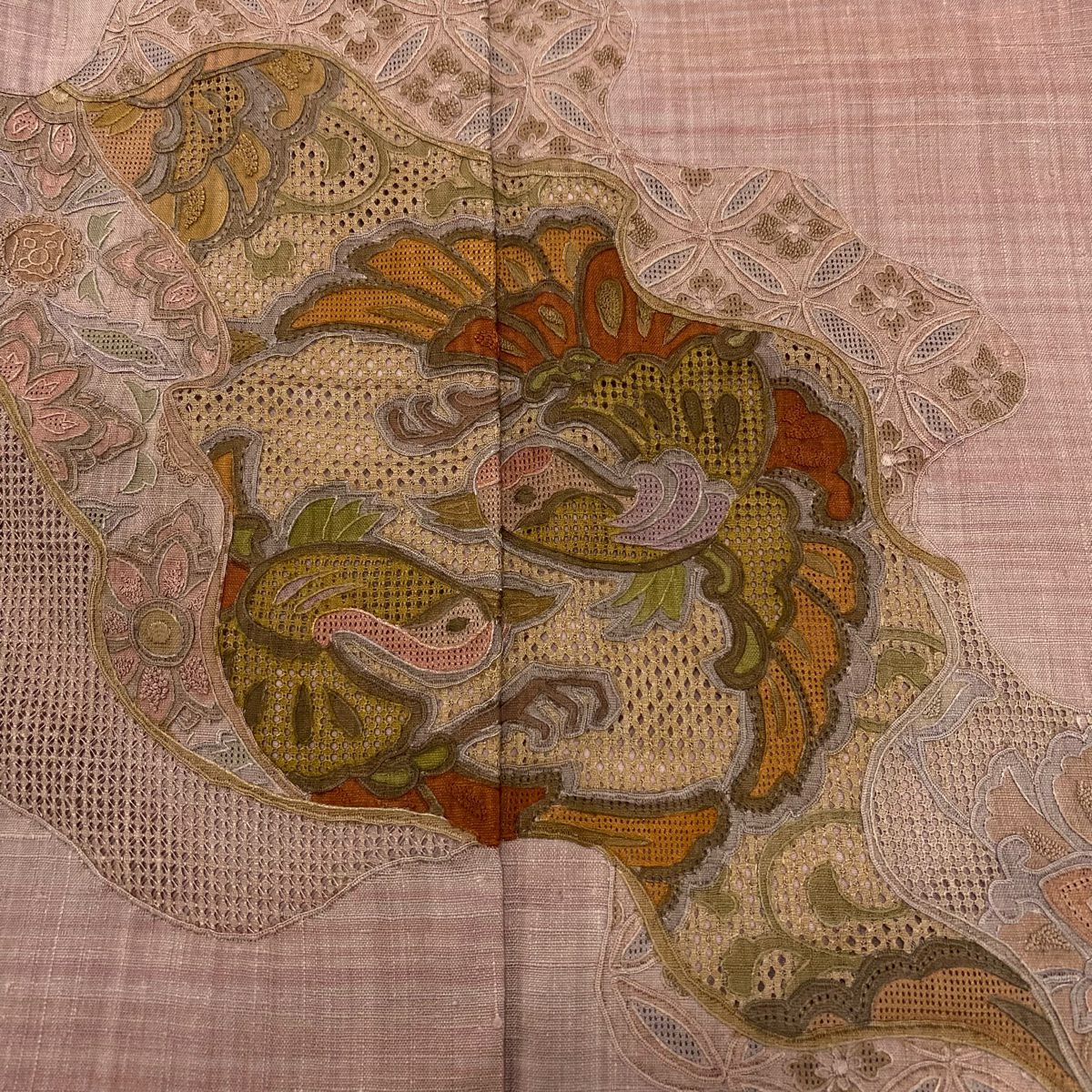 付下 身長163.5cm 袖長62cm S 雙層 紬織織 鳥 草花紋刺繡 小豆 純蠶絲 秀品級