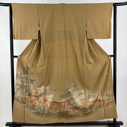 色留袖禮服 身長156cm 袖長63.5cm S 雙層 落款あり 建物 秋草 金銀彩 漸層 山吹茶 純蠶絲 秀品級 一つ紋