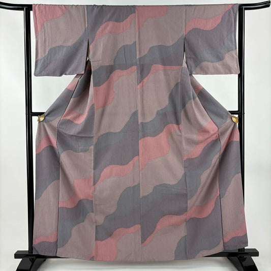 【美品】 小紋 身長162.5cm 袖長62cm S 雙層 幾何學圖案 絞染 灰紫 純蠶絲 秀品級