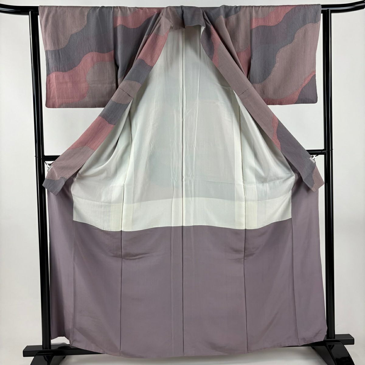 【美品】 小紋 身長162.5cm 袖長62cm S 雙層 幾何學圖案 絞染 灰紫 純蠶絲 秀品級