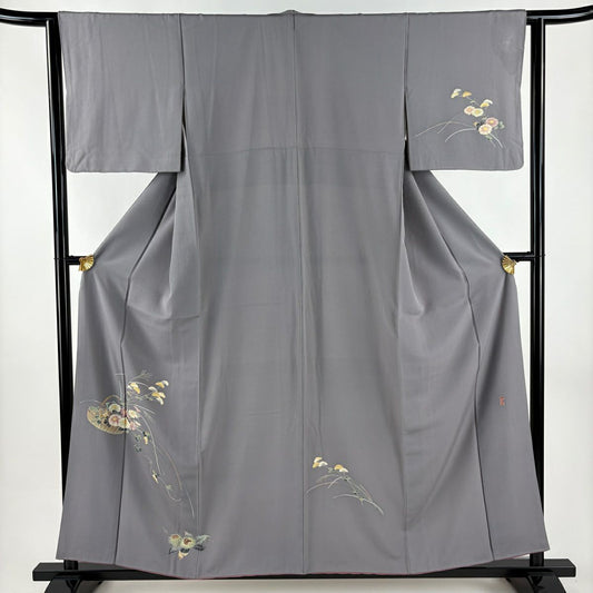 付下 身長157cm 袖長62.5cm S 雙層 落款あり 栗花籠 灰 純蠶絲 秀品級