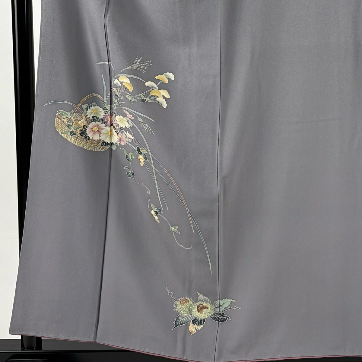 付下 身長157cm 袖長62.5cm S 雙層 落款あり 栗花籠 灰 純蠶絲 秀品級