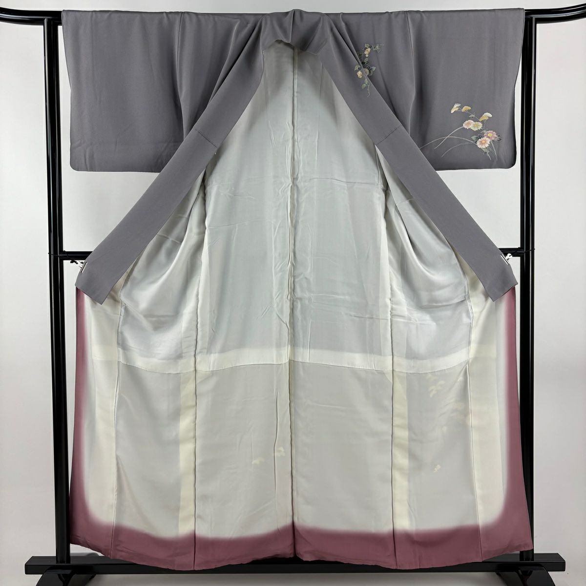 付下 身長157cm 袖長62.5cm S 雙層 落款あり 栗花籠 灰 純蠶絲 秀品級