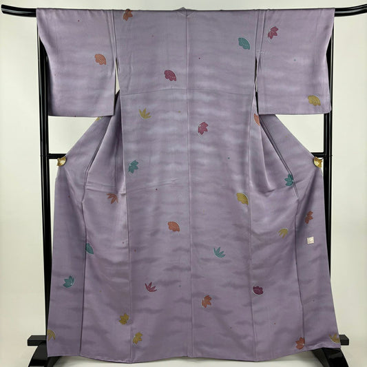 【美品】 小紋 身長166cm 袖長66.5cm M 雙層 落款あり 花 楓 紫 純蠶絲 秀品級