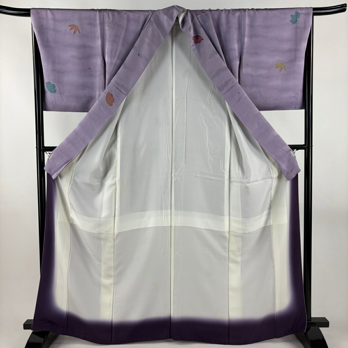 【美品】 小紋 身長166cm 袖長66.5cm M 雙層 落款あり 花 楓 紫 純蠶絲 秀品級