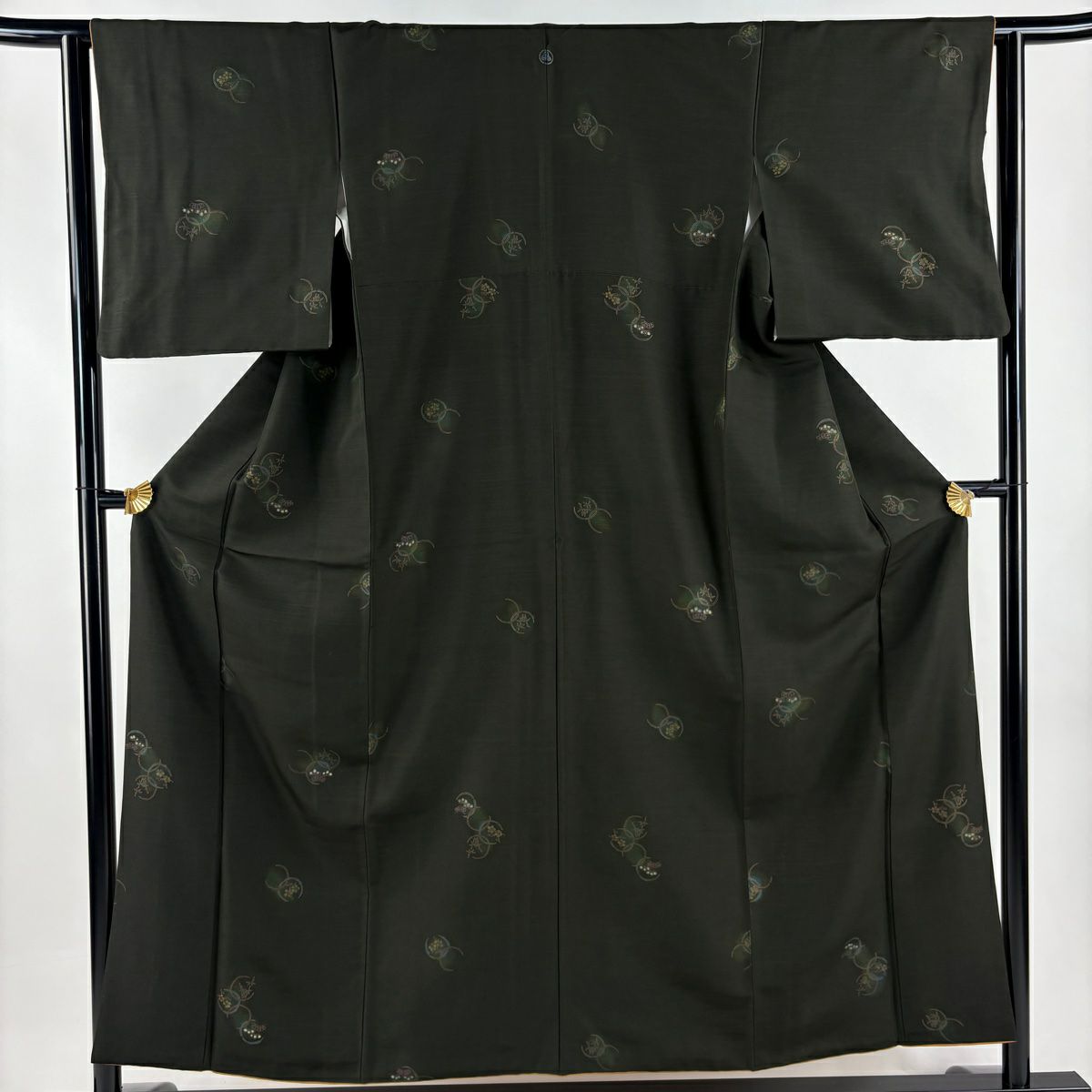 小紋 身長154.5cm 袖長62cm S 雙層 松樹竹子梅花 金銀彩 深綠 純蠶絲 秀品級 一つ紋