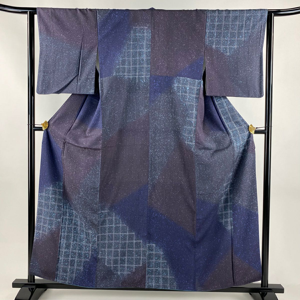 【美品】 付下 身長158cm 袖長63cm S 雙層 大和 格子 幾何學 漸層 青紫 純蠶絲 優品級