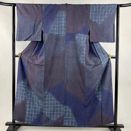 【美品】 付下 身長158cm 袖長63cm S 雙層 大和 格子 幾何學 漸層 青紫 純蠶絲 優品級