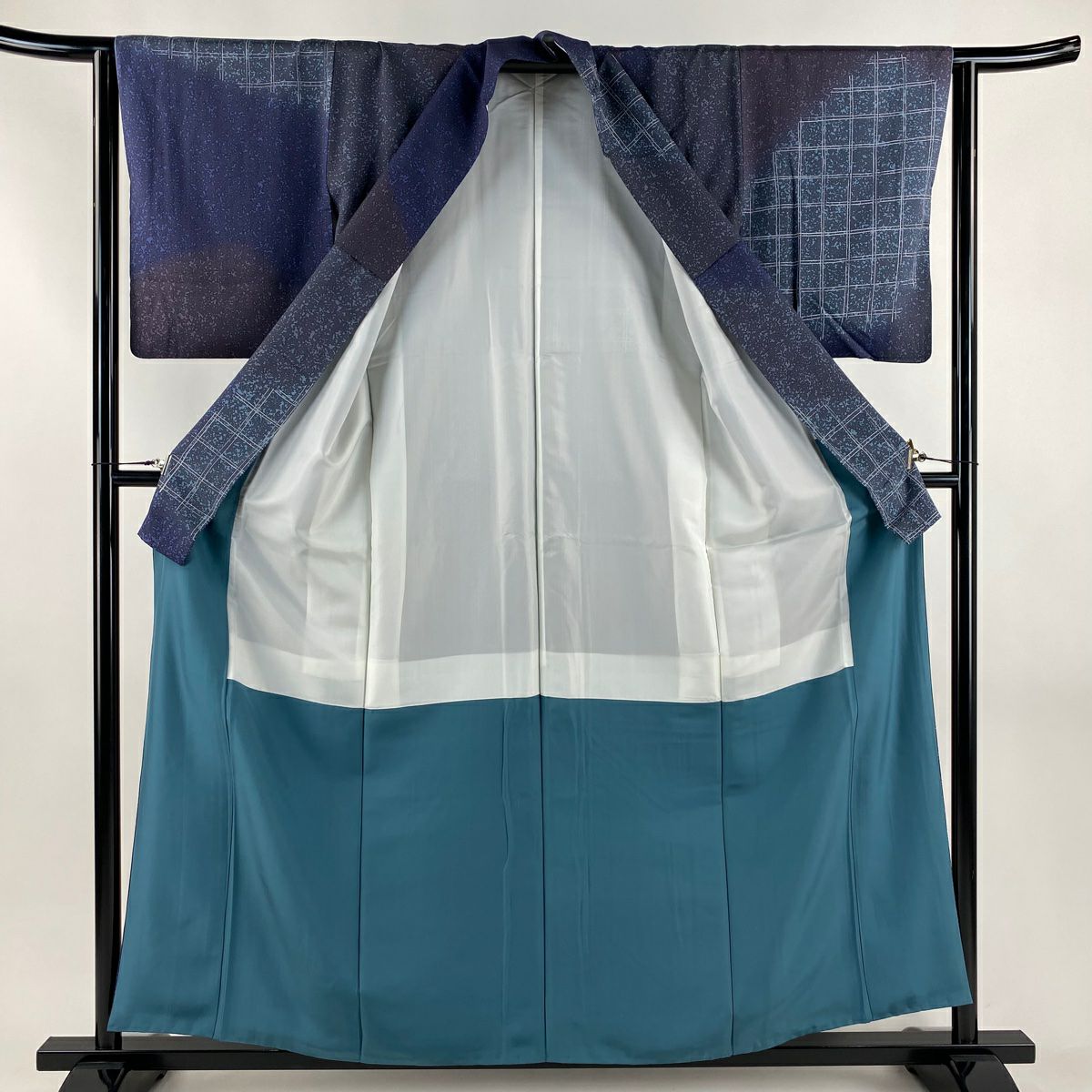 【美品】 付下 身長158cm 袖長63cm S 雙層 大和 格子 幾何學 漸層 青紫 純蠶絲 優品級