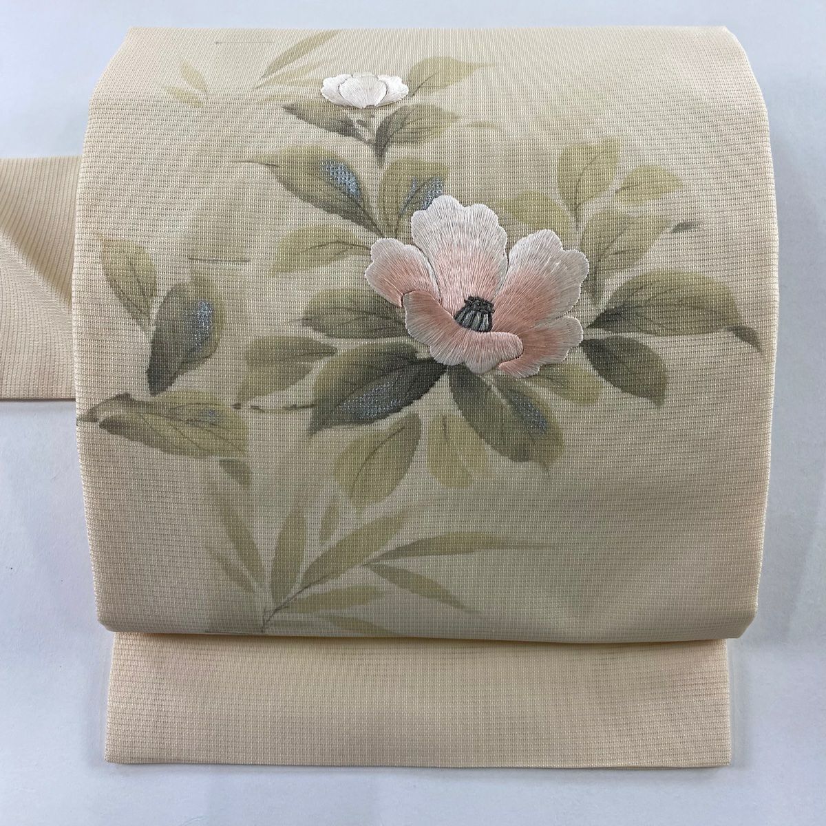 名古屋帶 秀品級 附落款 夏帶 絽 椿 刺繡 銀線 米色 純蠶絲