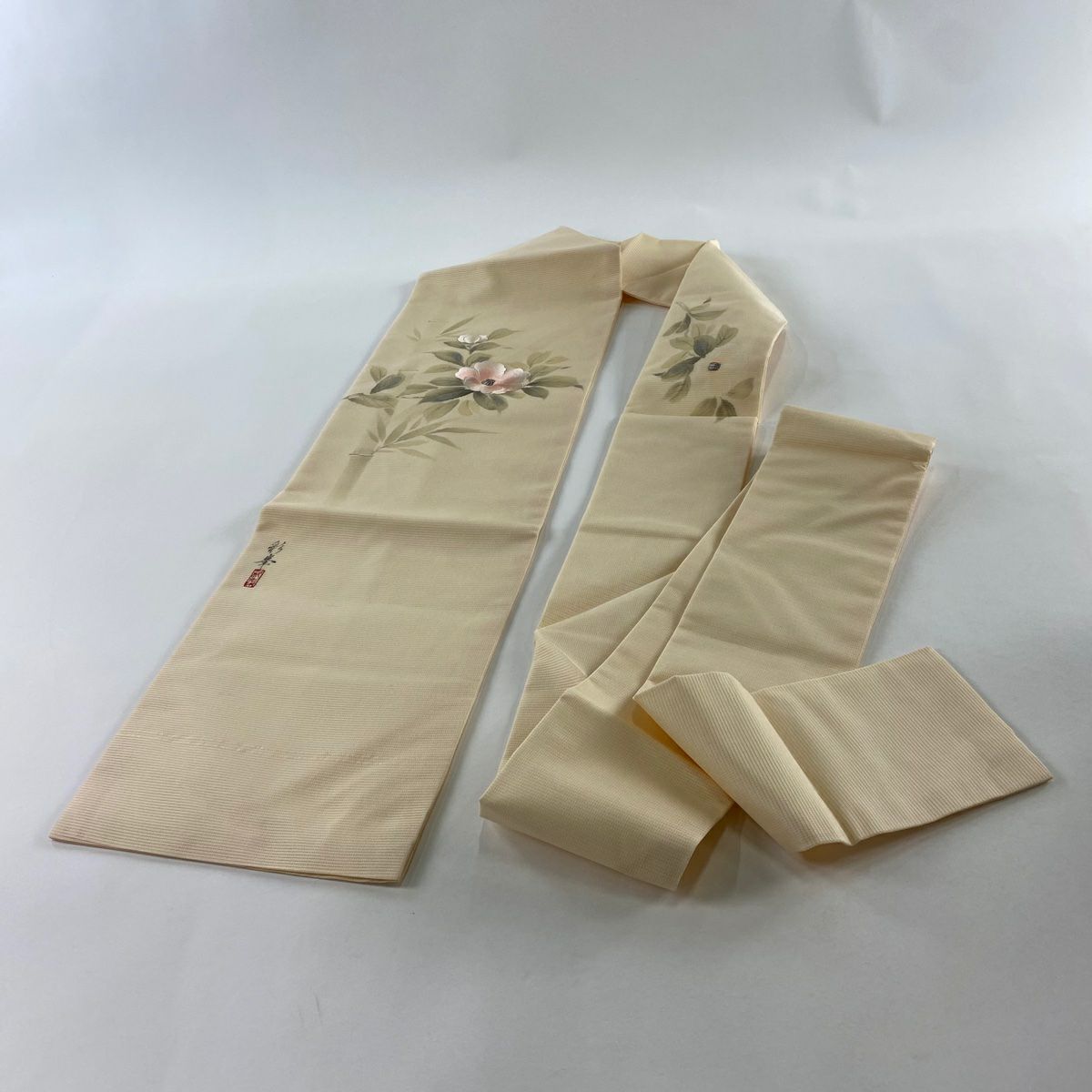 名古屋帶 秀品級 附落款 夏帶 絽 椿 刺繡 銀線 米色 純蠶絲