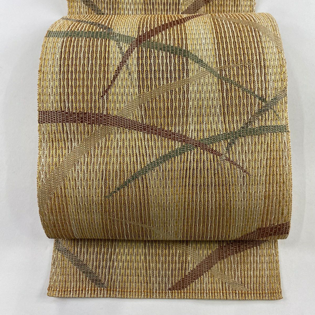 【美品】 名古屋帶 優品級 八寸名古屋帶 松樹葉仕立 夏帶 隧道仕立 芝 縞 薄茶 純蠶絲