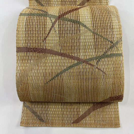 【美品】 名古屋帶 優品級 八寸名古屋帶 松樹葉仕立 夏帶 隧道仕立 芝 縞 薄茶 純蠶絲