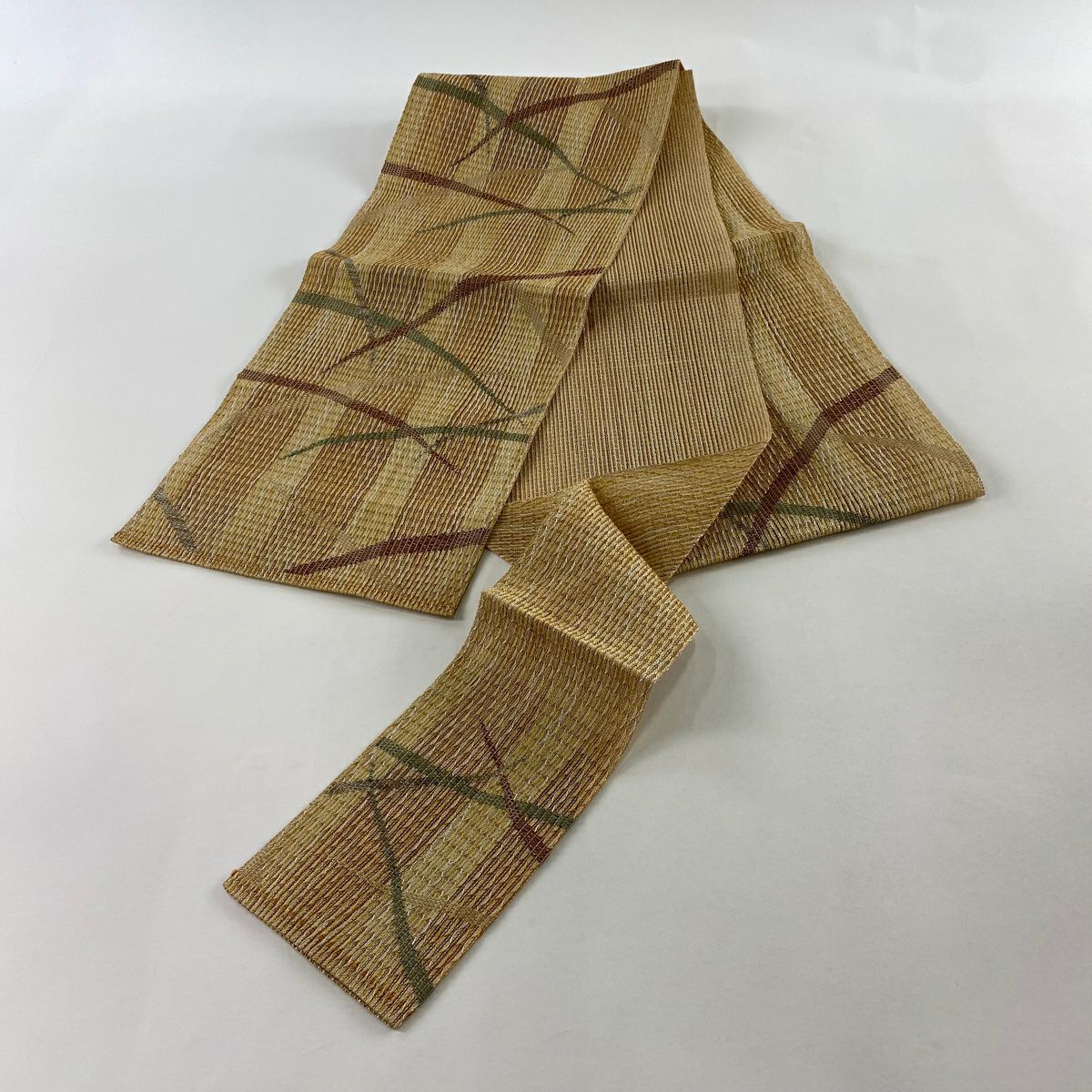 【美品】 名古屋帶 優品級 八寸名古屋帶 松樹葉仕立 夏帶 隧道仕立 芝 縞 薄茶 純蠶絲