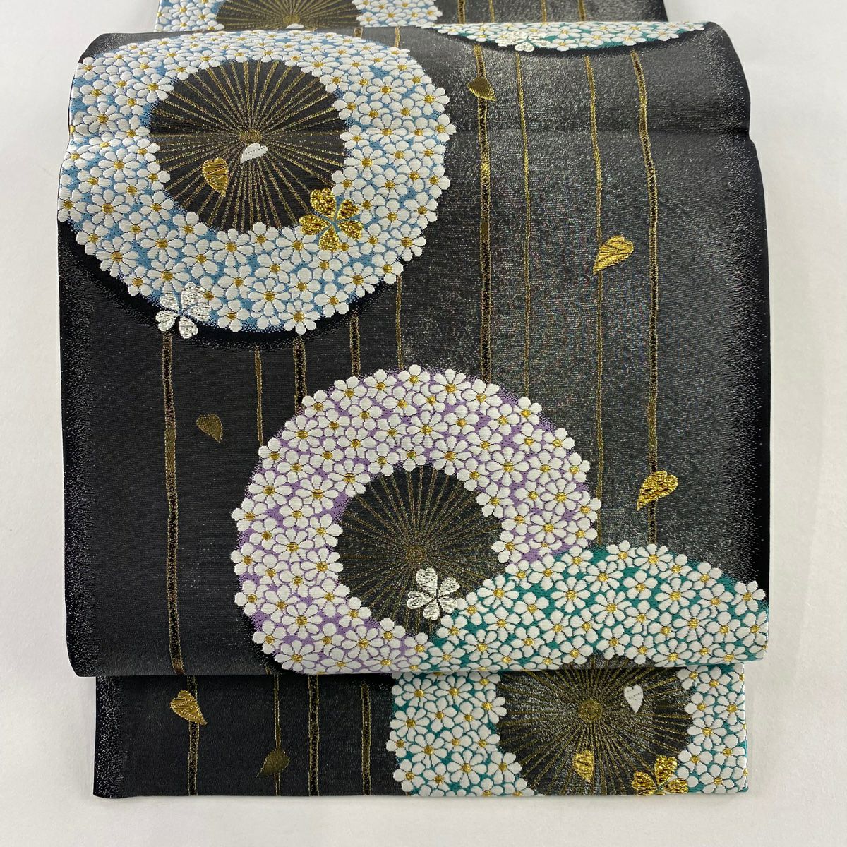 【美品】 袋帶 秀品級 櫻花花瓣 金絲 金金箔 墨色 六通 純蠶絲